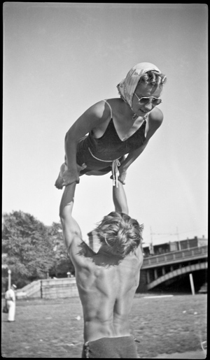 portrait, Jack balancing Olga overhead, Charles River Beach, Boston, Massachusetts, August 1937 [AKM]