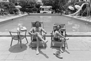 portrait, poolside, French tourists waiting for the Sirocco to die down, Isola Stromboli, Italy, May 1988