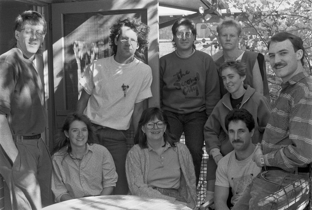 group portrait, farewell breakfast: Chris, Nick, Jeff, Leslee, Wendy, Sue, Linda, Howard, Gary, Boulder, Colorado, January 1990