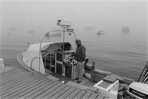 portrait, Les and his water-taxi, Northeast Harbor, Maine, June 1990