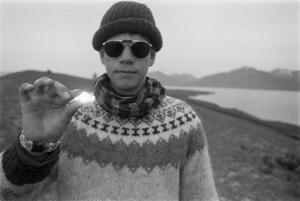 portrait, Stefan, with sun Light on the summer Solstice, on the Arctic Circle, Hrísey, Eyjafjarðarsýsla, Iceland, June 1992