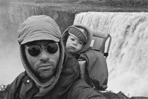 self-portrait with Loki at Dettifoss, Suður-Þingeyjarsýsla, Iceland, July 1993