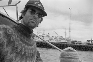 self-portrait with Loki, into port, Hrísey, Eyjafjörður, Iceland, August 1994