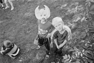 portrait, Loki and Aron, at birthday party #7, Akureyri, Iceland, August 1999