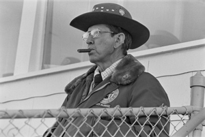 President of CSM, Guy T. McBride at a football game, Golden, Colorado, September 1979