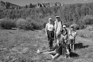 group portrait, Claudia, Katarina, Stefan, Charlotte, [Sage], and Julian, Mill Creek, West Elk Wilderness, Colorado, September 2011