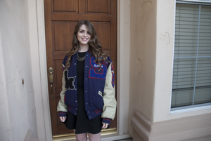 portrait, Lexie, with Trey's letter jacket, Scottsdale, Arizona, May 2015