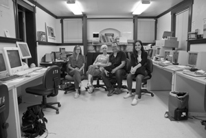 group portrait, Jaime, Lori, Aaron, and Deven, Media Archaeology Lab, Boulder, Colorado, July 2015